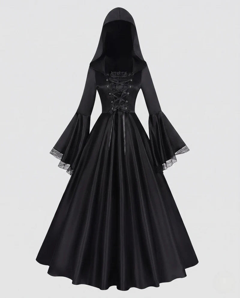 Damen Kapuzenkleid mit schwingendem Rock und Spitzenverzierungen Nord Taschen
