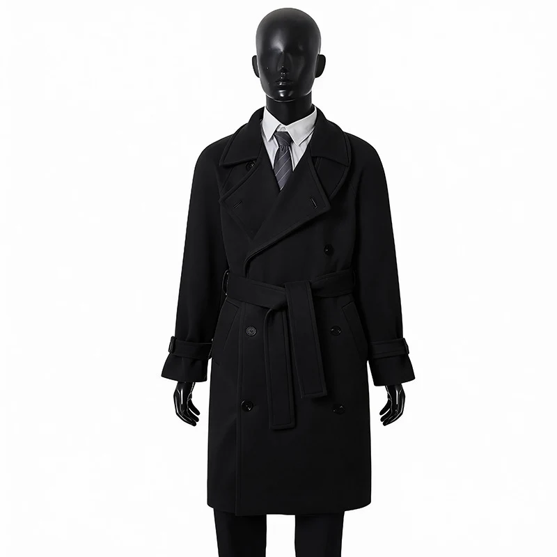 Herren Eleganter Mantel im Longcoat‑Stil aus Wollmix mit Doppelreihe, taillierendem Bindegürtel und dekorativer Schulterpasse Nord Taschen