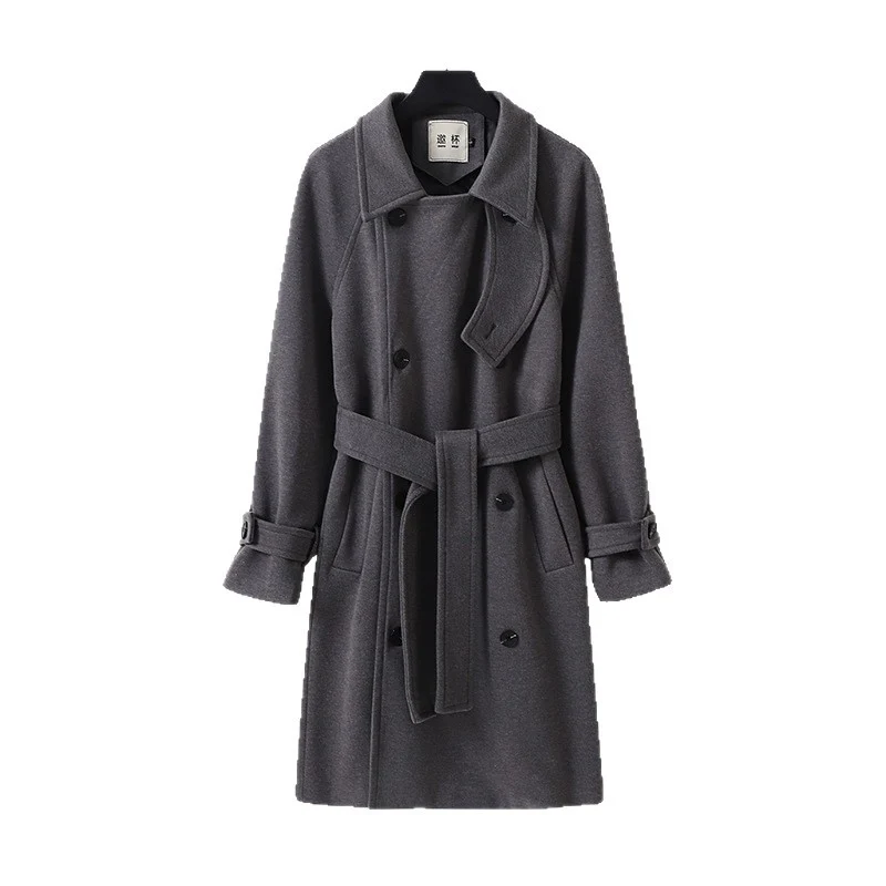 Herren Eleganter Mantel im Longcoat‑Stil aus Wollmix mit Doppelreihe, taillierendem Bindegürtel und dekorativer Schulterpasse Nord Taschen