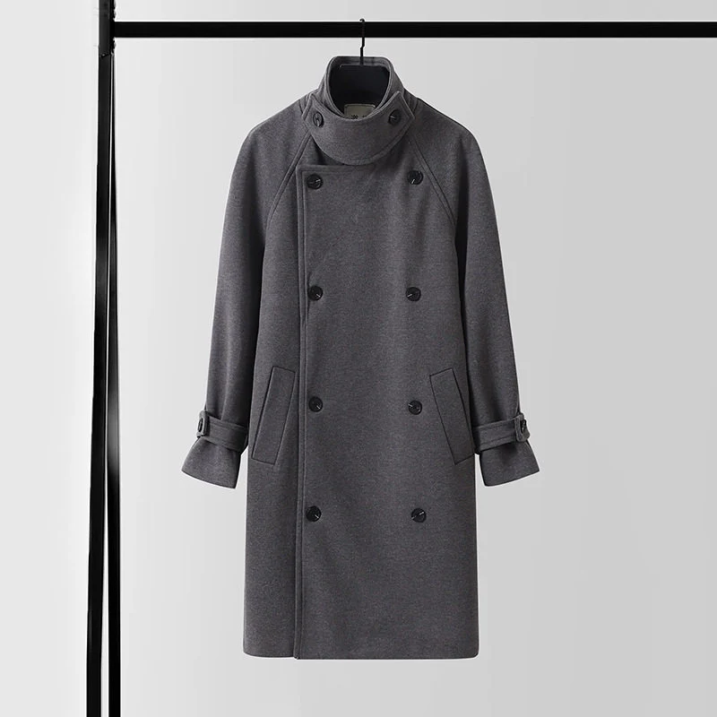 Herren Eleganter Mantel im Longcoat‑Stil aus Wollmix mit Doppelreihe, taillierendem Bindegürtel und dekorativer Schulterpasse Nord Taschen