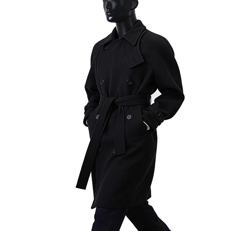 Herren Eleganter Mantel im Longcoat‑Stil aus Wollmix mit Doppelreihe, taillierendem Bindegürtel und dekorativer Schulterpasse Nord Taschen