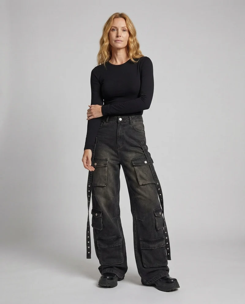 Damen Baggy Jeans-Arbeitshose Seitengurte Avellé
