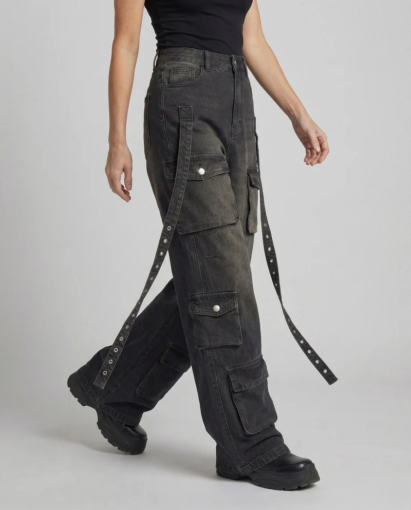 Damen Baggy Jeans-Arbeitshose Seitengurte Avellé