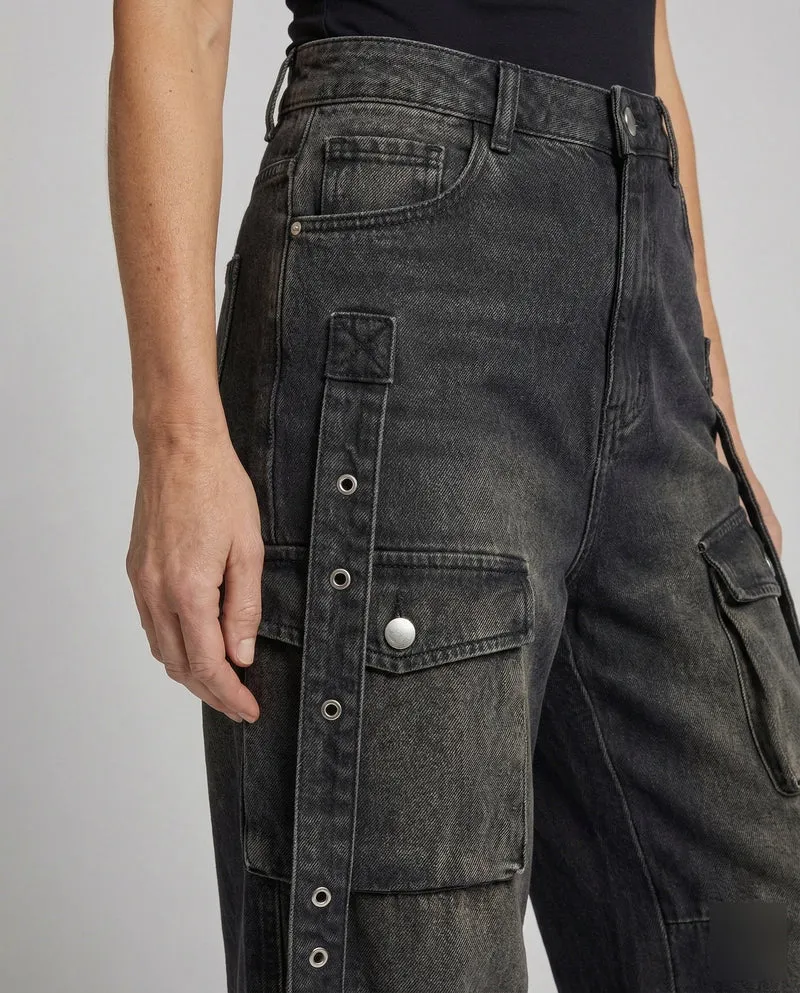 Damen Baggy Jeans-Arbeitshose Seitengurte Avellé