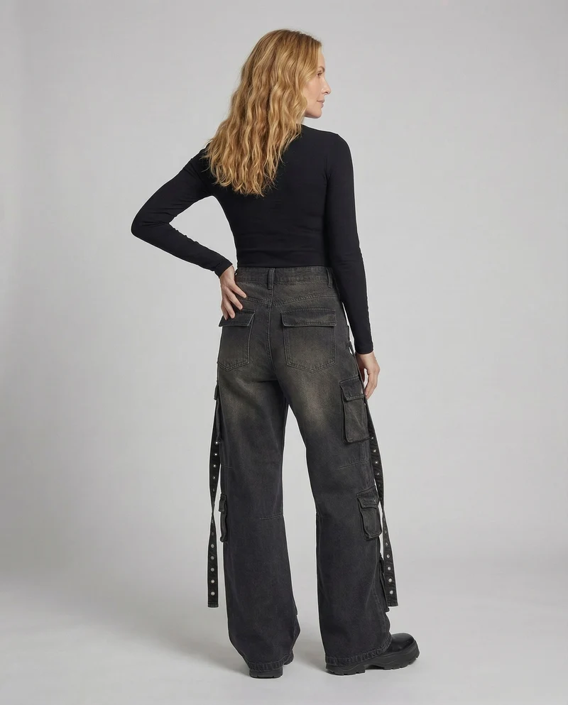 Damen Baggy Jeans-Arbeitshose Seitengurte Avellé