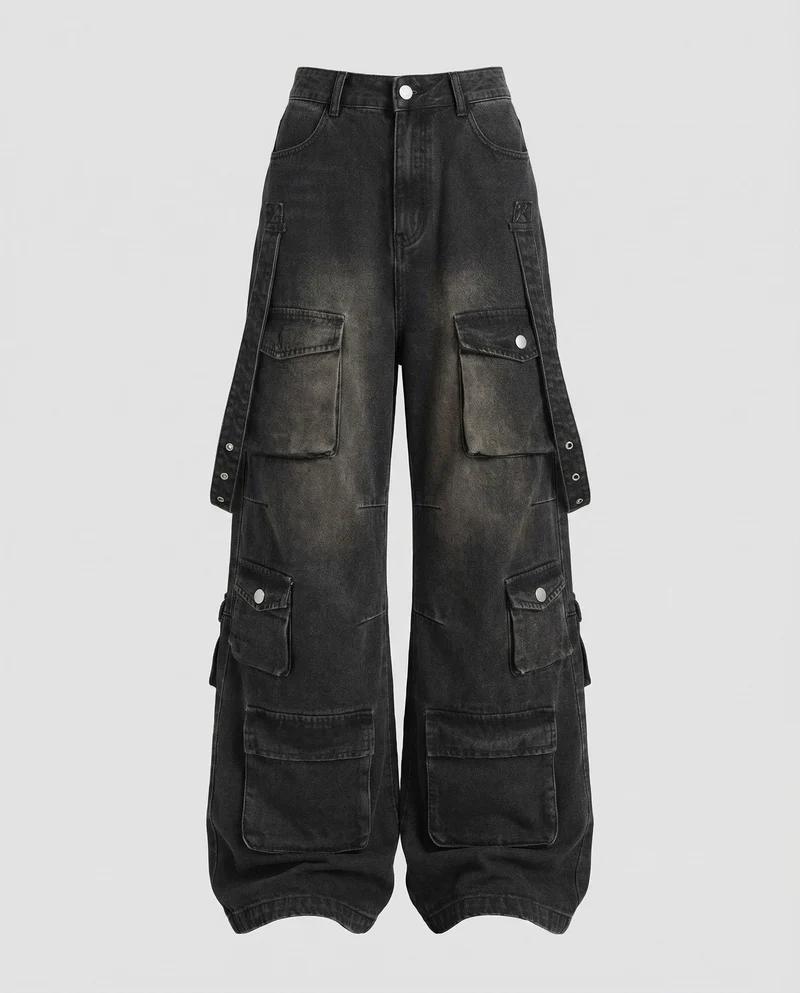 Damen Baggy Jeans-Arbeitshose Seitengurte Avellé