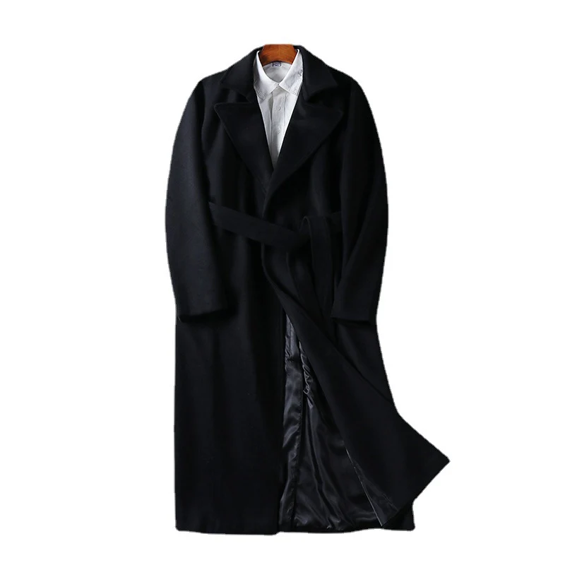 Herren Maxilanger Wollmix-Mantel mit Schalkragen und Bindegürtel Nord Taschen