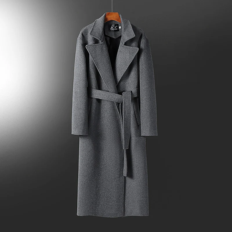 Herren Maxilanger Wollmix-Mantel mit Schalkragen und Bindegürtel Nord Taschen