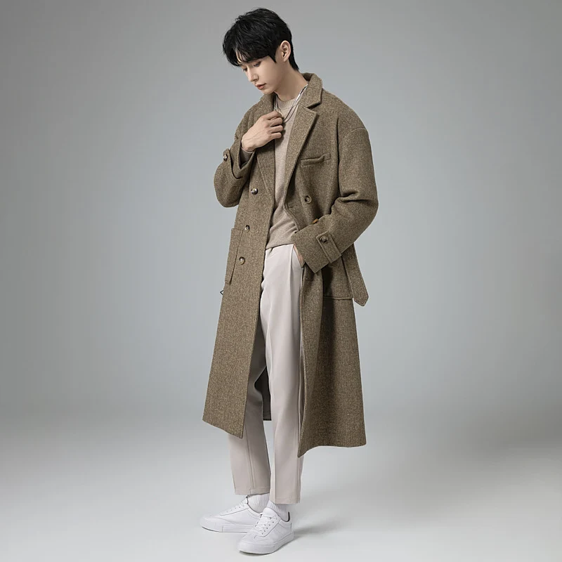 Herren Maxilanger Wollmix-Mantel im Tweed-Look mit Oversize-Schnitt, Doppelreihe und Bindegürtel Nord Taschen
