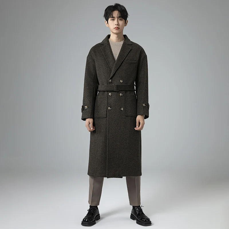 Herren Maxilanger Wollmix-Mantel im Tweed-Look mit Oversize-Schnitt, Doppelreihe und Bindegürtel Nord Taschen