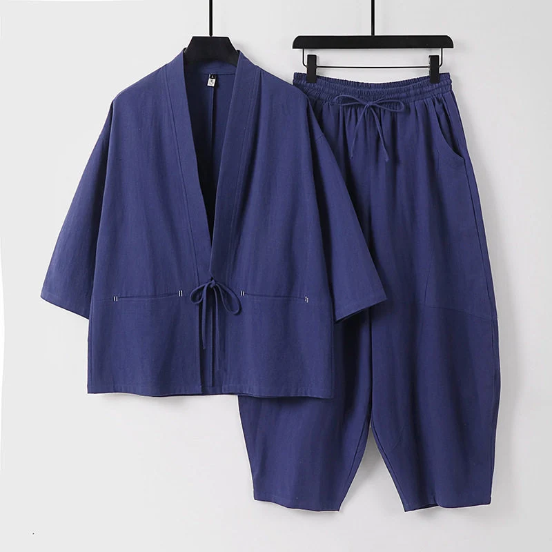Unisex Modernes Kimono-Lounge-Set aus weichem Baumwollmix mit Kurzjacke, Tunnelzug-Hose und gerafften Knöcheln Nord Taschen
