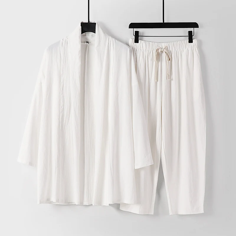 Unisex Lockeres Kimono-Lounge-Set aus leichter Baumwollmischung mit Schalkragen und Kordelbundhose Nord Taschen