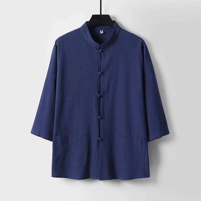 Unisex Locker geschnittene Leinen-Baumwoll Jacke mit Stehkragen Nord Taschen