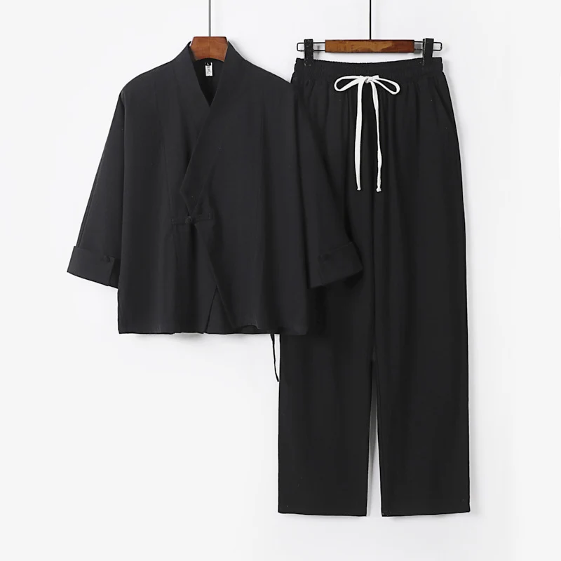 Unisex Leichtes Zen-Lounge-Set im Kimono-Stil mit überschnittener Schulter verdeckter Knotenleiste und elastischer Tunnelzughose Nord Taschen