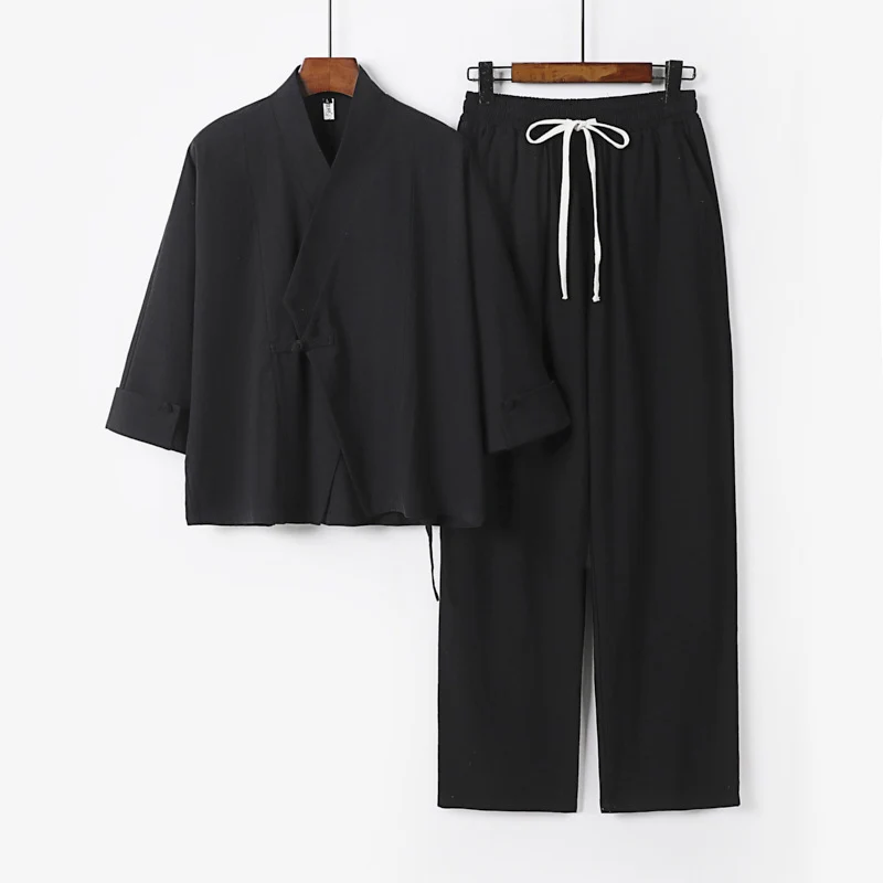 Unisex Leichtes Zen-Lounge-Set im Kimono-Stil mit überschnittener Schulter verdeckter Knotenleiste und elastischer Tunnelzughose Nord Taschen