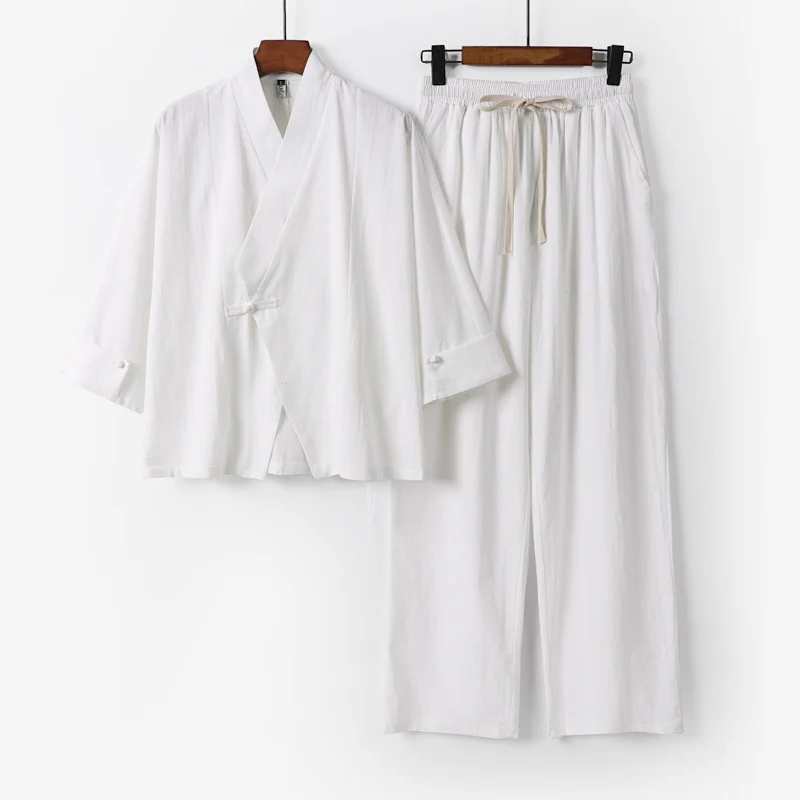 Unisex Leichtes Zen-Lounge-Set im Kimono-Stil mit überschnittener Schulter verdeckter Knotenleiste und elastischer Tunnelzughose Nord Taschen
