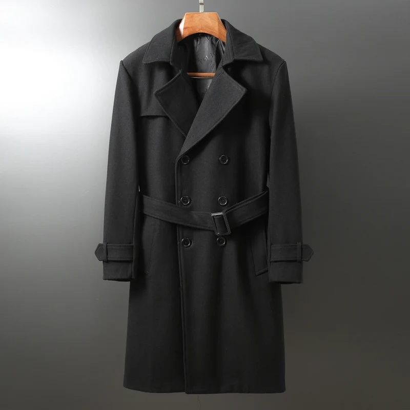 Herren Maxilanger Woll-Mantel im Trench-Look mit doppelreihiger Knopfleiste und Bindegürtel Nord Taschen