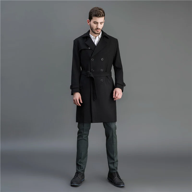 Herren Maxilanger Woll-Mantel im Trench-Look mit doppelreihiger Knopfleiste und Bindegürtel Nord Taschen