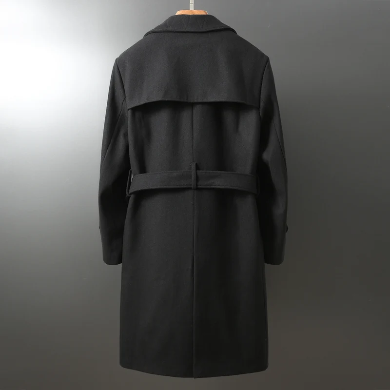 Herren Maxilanger Woll-Mantel im Trench-Look mit doppelreihiger Knopfleiste und Bindegürtel Nord Taschen