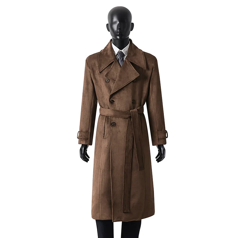 Herren Maxilanger Velours-Mantel im Trench-Look mit breitem Revers und Bindegürtel Nord Taschen