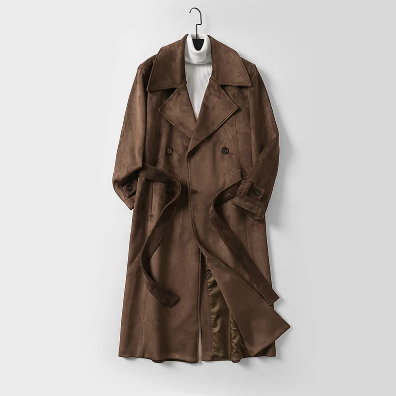 Herren Maxilanger Velours-Mantel im Trench-Look mit breitem Revers und Bindegürtel Nord Taschen