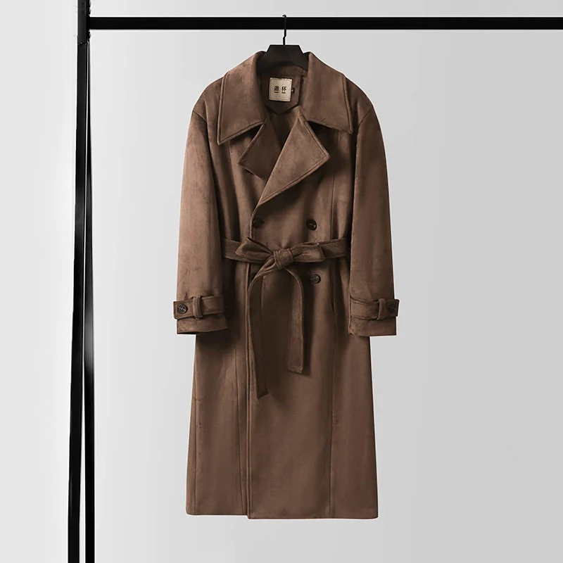 Herren Maxilanger Velours-Mantel im Trench-Look mit breitem Revers und Bindegürtel Nord Taschen