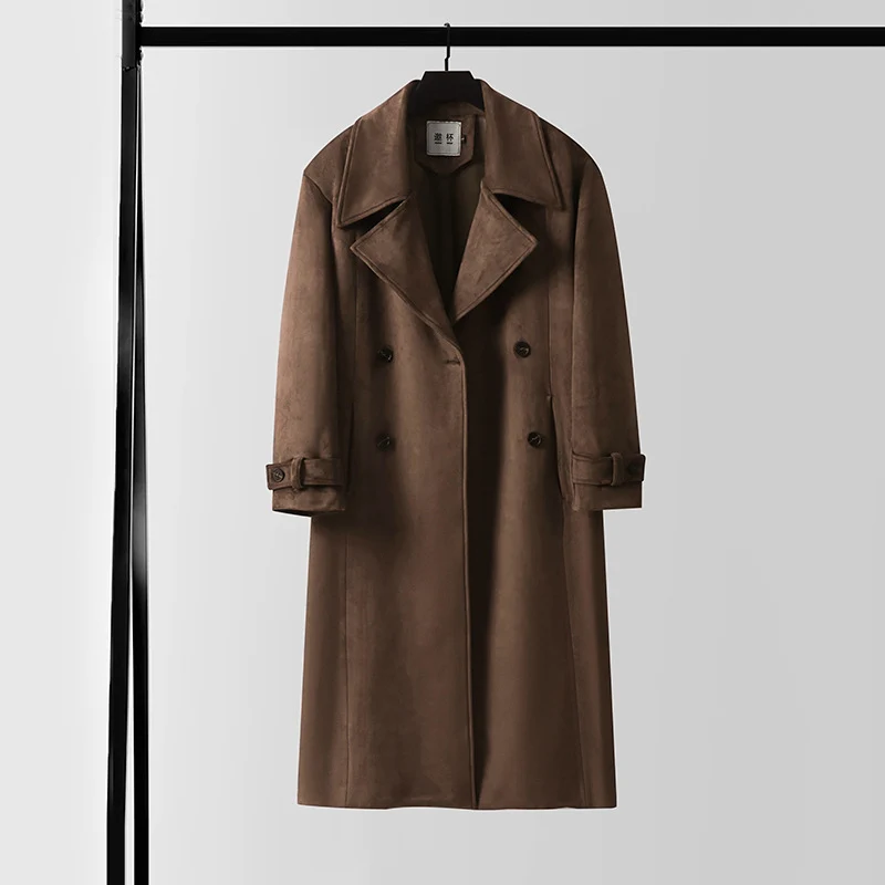 Herren Maxilanger Trenchcoat aus Velourslederoptik mit Doppelreihe und Taillenband Nord Taschen