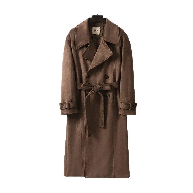 Herren Maxilanger Trenchcoat aus Velourslederoptik mit Doppelreihe und Taillenband Nord Taschen