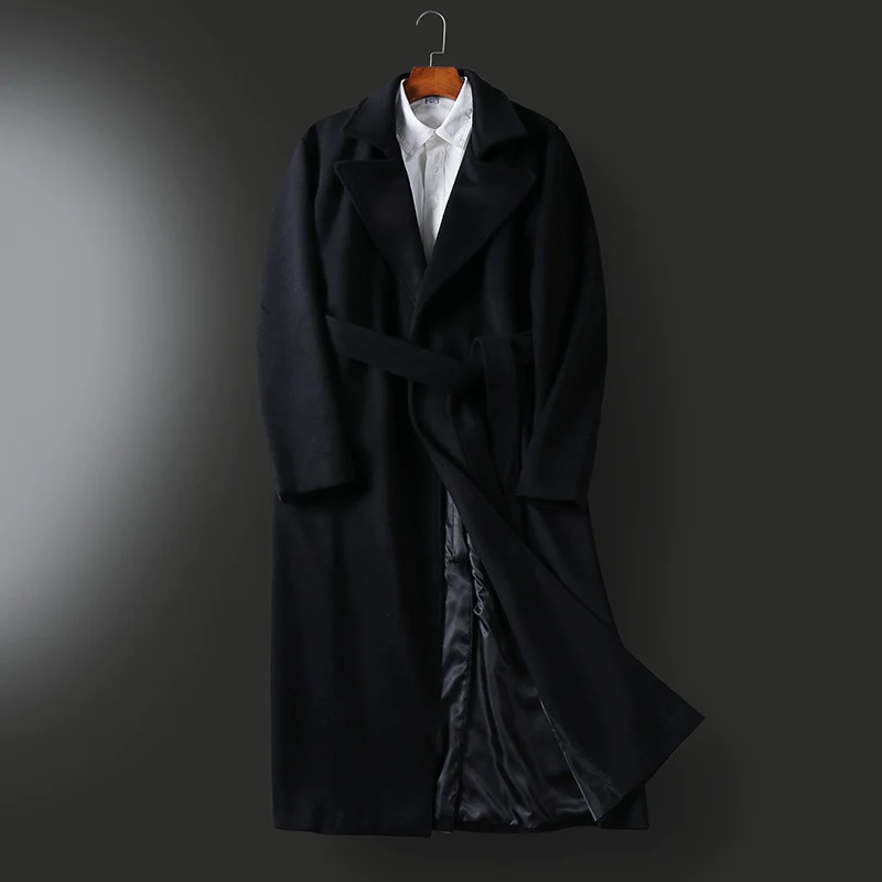 Herren Maxilanger taillierter Wollmix-Mantel mit weitem Schalkragen und Bindegürtel Nord Taschen