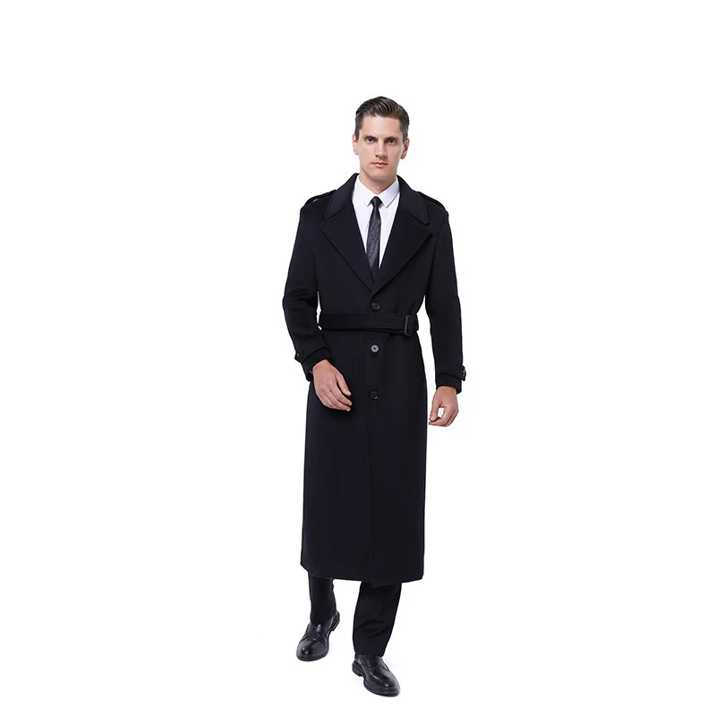 Herren Maxilanger Mantel aus Wollmix mit Bindegürtel, Epauletten und klassischem Revers Nord Taschen