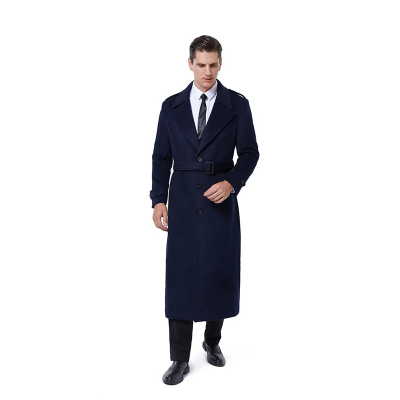 Herren Maxilanger Mantel aus Wollmix mit Bindegürtel, Epauletten und klassischem Revers Nord Taschen