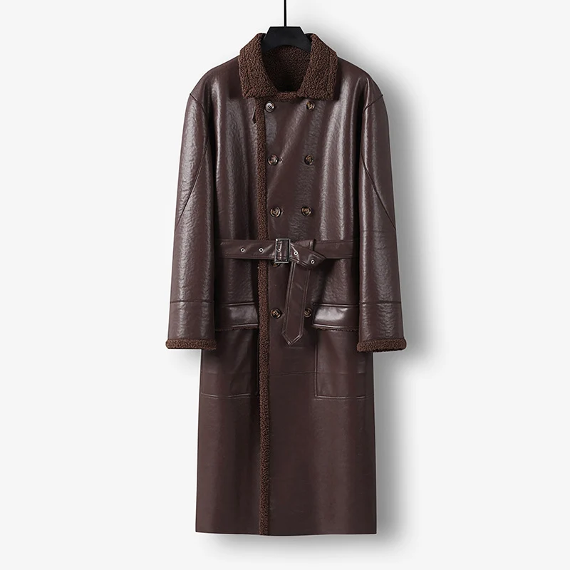 Herren Maxilanger Lederimitat-Mantel mit Teddyfutter, doppelreihiger Knopfleiste und Taillengürtel Nord Taschen