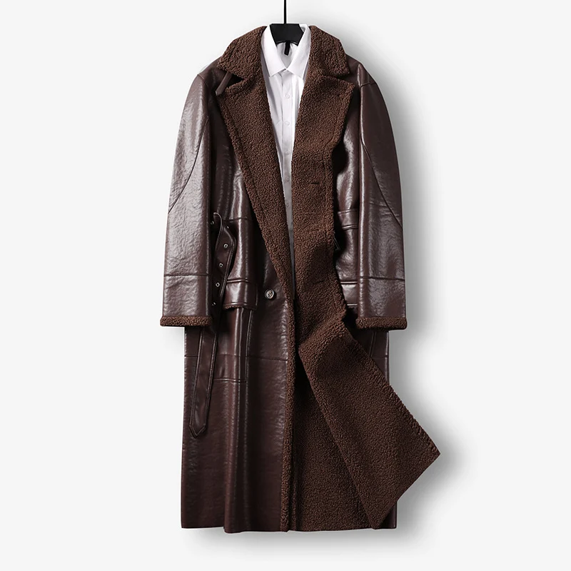 Herren Maxilanger Lederimitat-Mantel mit Teddyfutter, doppelreihiger Knopfleiste und Taillengürtel Nord Taschen