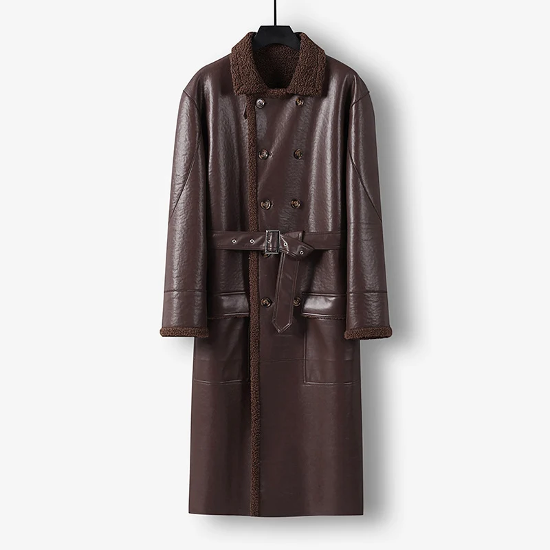Herren Maxilanger Lederimitat-Mantel mit Teddyfutter, doppelreihiger Knopfleiste und Taillengürtel Nord Taschen