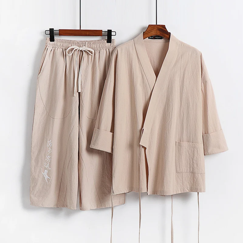 Unisex Leichtes Kimono-Loungewear-Set aus Baumwoll-Leinen mit bestickter Haremshose und Bindegürtel Nord Taschen