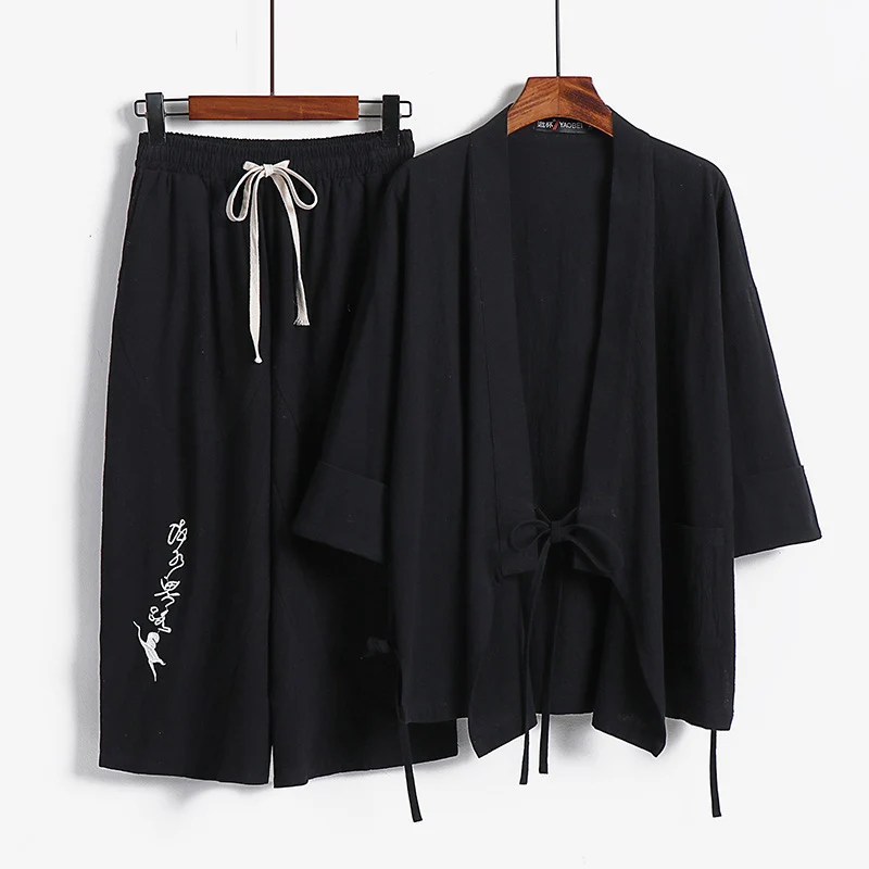 Unisex Leichtes Kimono-Loungewear-Set aus Baumwoll-Leinen mit bestickter Haremshose und Bindegürtel Nord Taschen