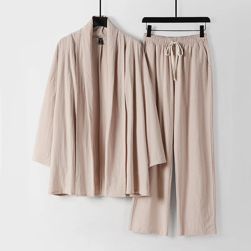 Unisex Lässiges Kimono-Zweiteiler aus atmungsaktivem Leinen-Viskose mit offenem Schalkragen und Kordelbundhose Nord Taschen