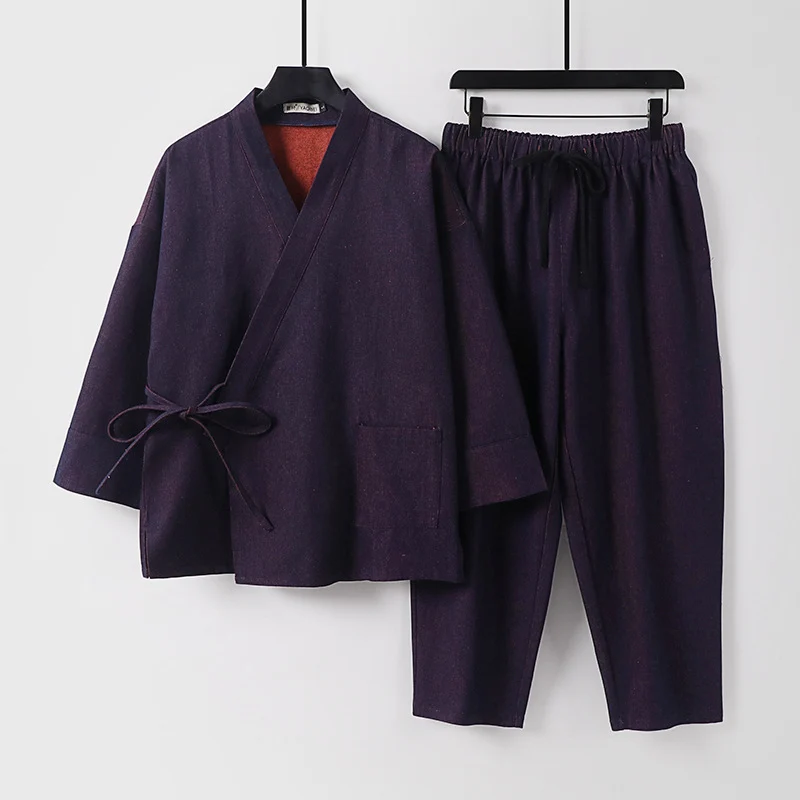 Unisex Lässiges Denim-Kimono-Set mit kurzarm Jacke, Bindeband und elastischer Bundhose Nord Taschen