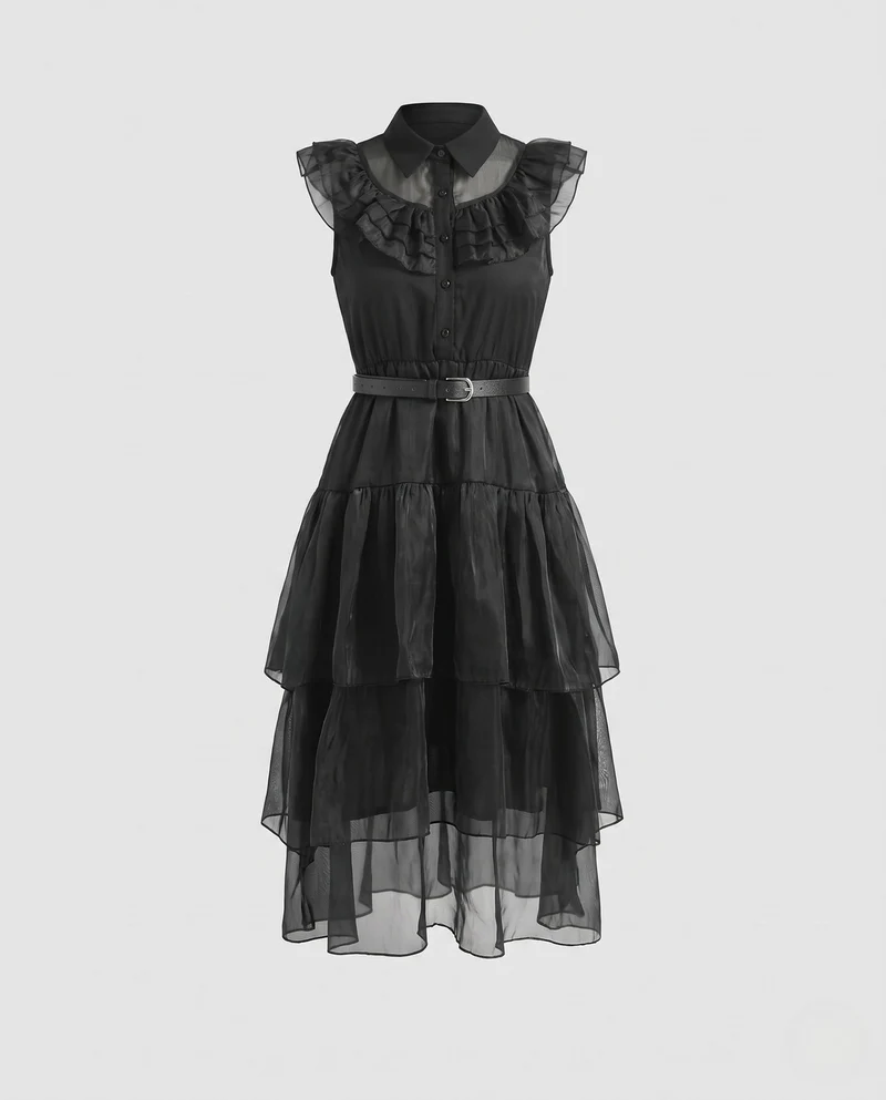 Damen Gartenkleid mit Rüschendetails und tailliertem Gürtel Nord Taschen