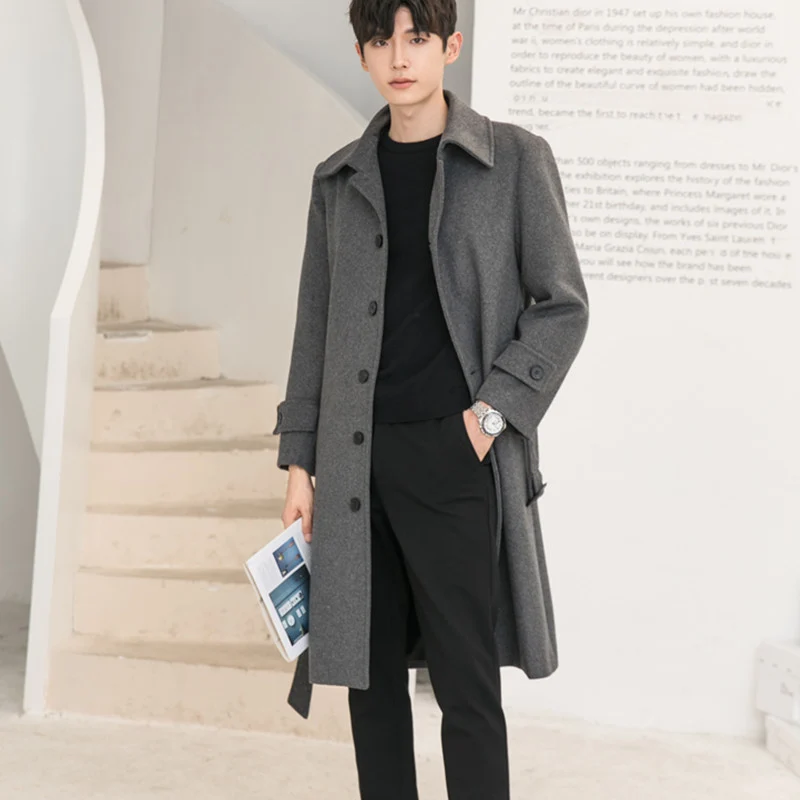 Herren Longline-Wollmix-Mantel mit verdeckter Knopfleiste und Schalkragen Nord Taschen