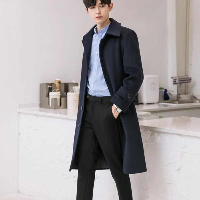Herren Longline-Wollmix-Mantel mit verdeckter Knopfleiste und Schalkragen Nord Taschen