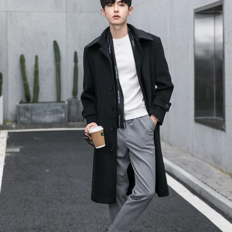 Herren Longline-Wollmix-Mantel mit verdeckter Knopfleiste und Schalkragen Nord Taschen