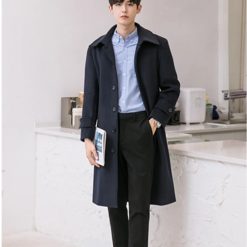 Herren Longcoat aus Wollmix mit verdeckter Knopfleiste Taillengürtel und klassischem Revers Nord Taschen