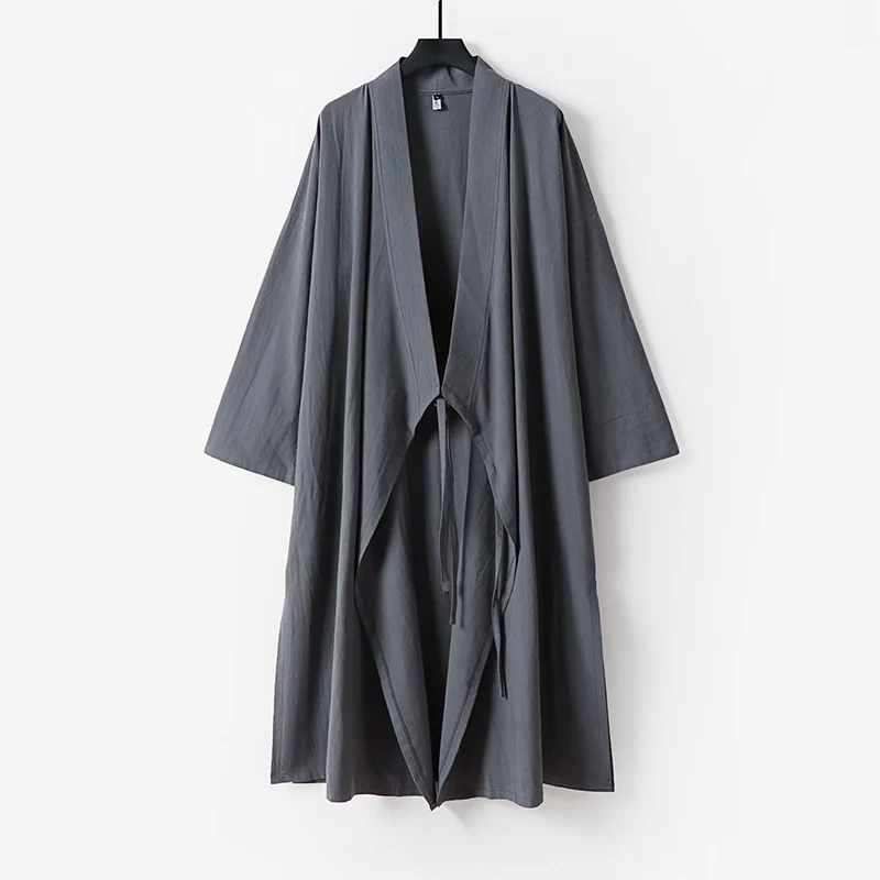 Unisex Langer Kimono-Mantel aus leichtem Baumwollmix mit drapierter Front und Bindeschlaufe Nord Taschen