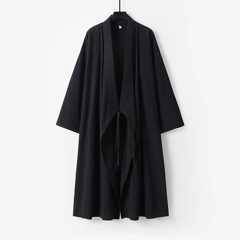 Unisex Langer Kimono-Mantel aus leichtem Baumwollmix mit drapierter Front und Bindeschlaufe Nord Taschen