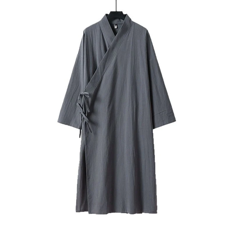 Unisex Langer Kimono-Mantel aus leichtem Baumwollmix mit drapierter Front und Bindeschlaufe Nord Taschen