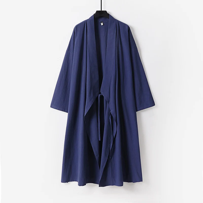 Unisex Langer Kimono-Mantel aus leichtem Baumwollmix mit drapierter Front und Bindeschlaufe Nord Taschen