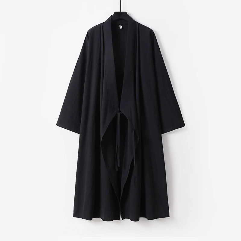 Unisex Langer Kimono-Mantel aus leichtem Baumwollmix mit drapierter Front und Bindeschlaufe Nord Taschen