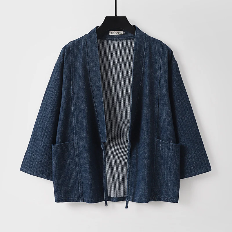 Unisex Jeans-Kimono-Jacke mit Bindegürtel und aufgesetzten Taschen Nord Taschen