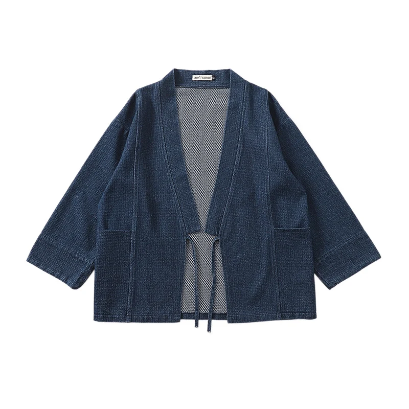Unisex Jeans-Kimono-Jacke mit Bindegürtel und aufgesetzten Taschen Nord Taschen